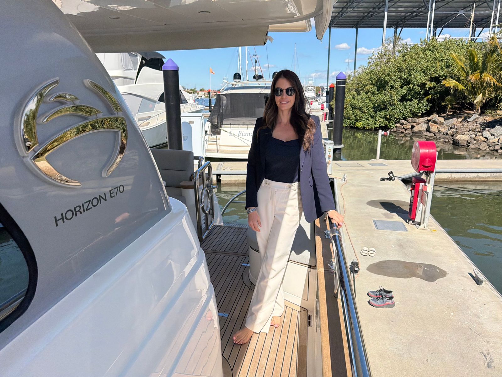Jane McNeill aboard a Horizon E70 at the marina