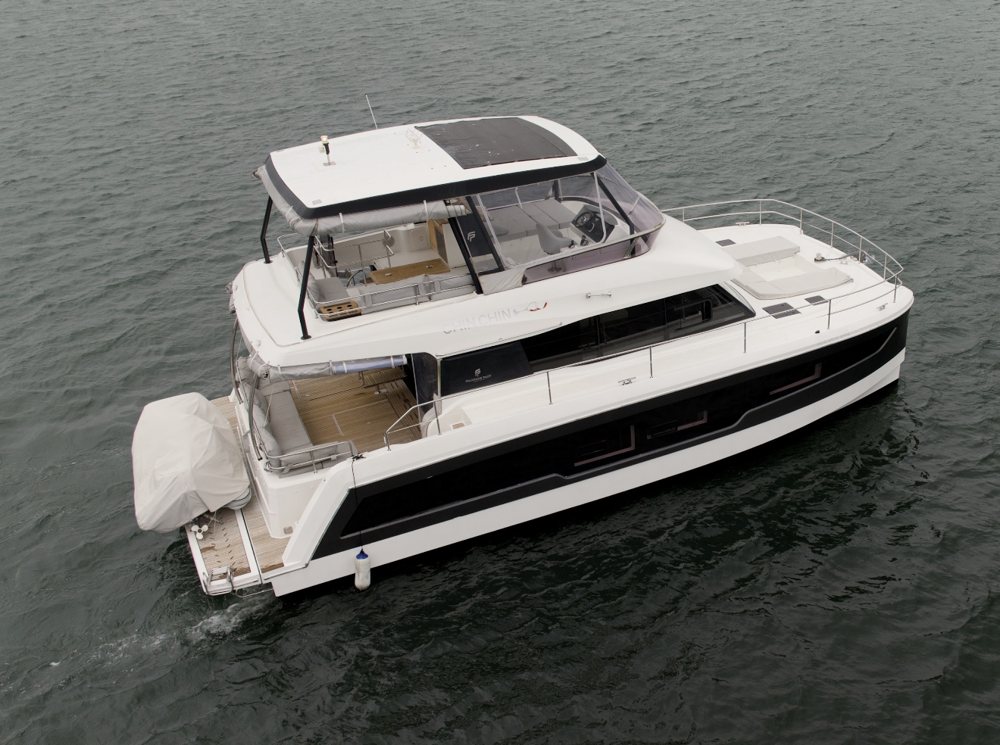 Chin Chin, a 2019 Fountaine Pajot MY40 power catamaran, from above
