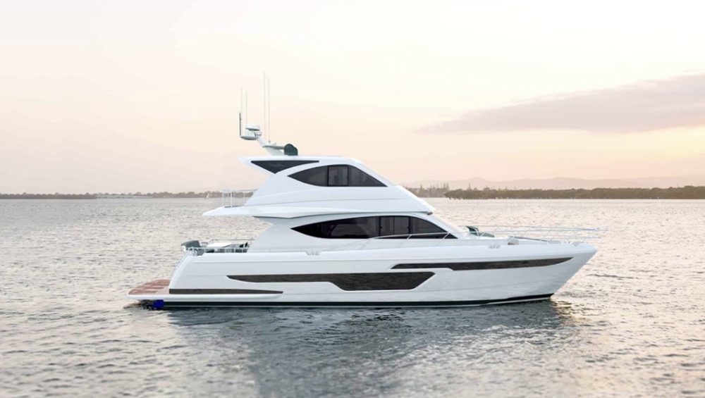 Whitehaven 6000 Flybridge on calm water at dusk